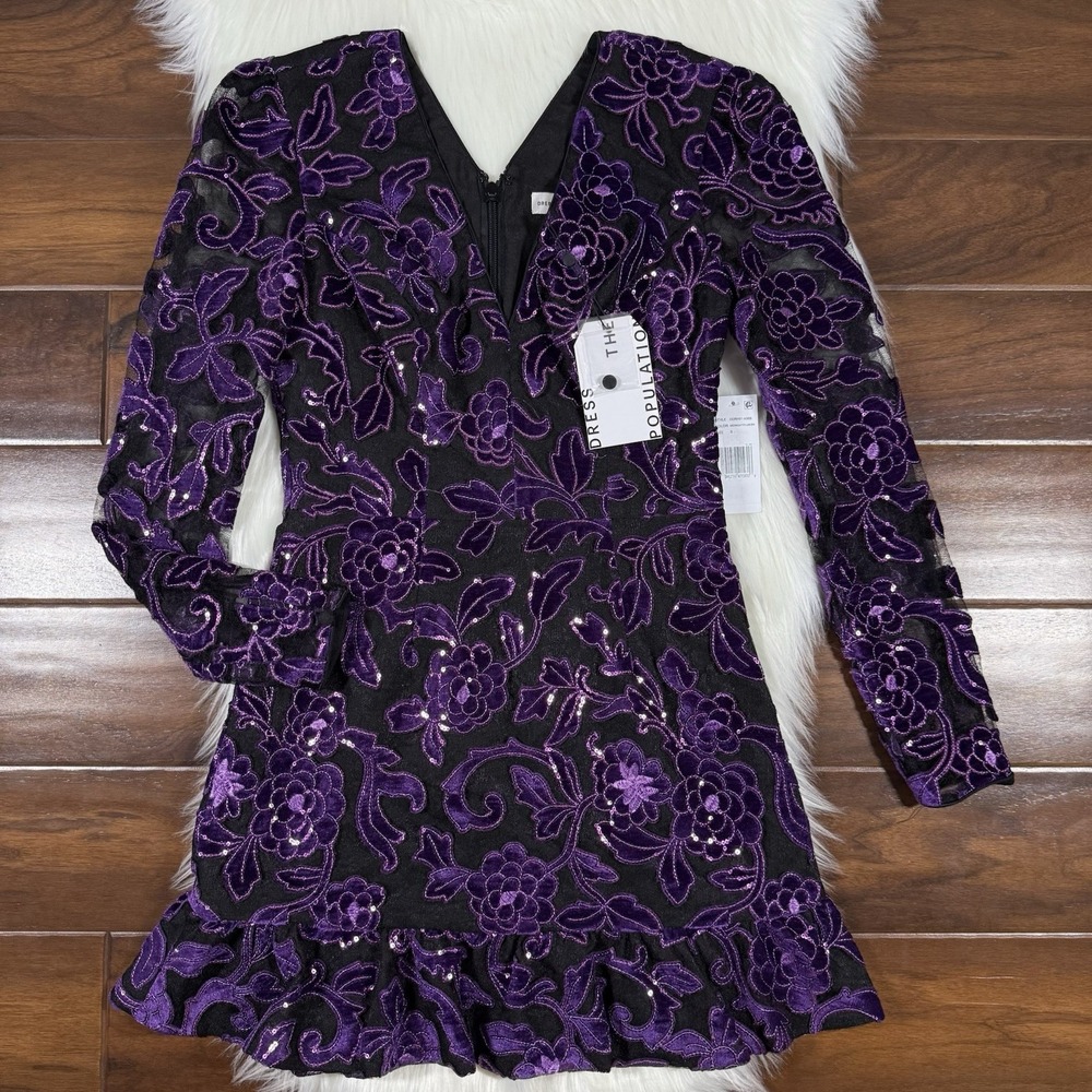Dress the Population Size Small Purple‎ Black Floral Sequin Kelsey Mini Dress